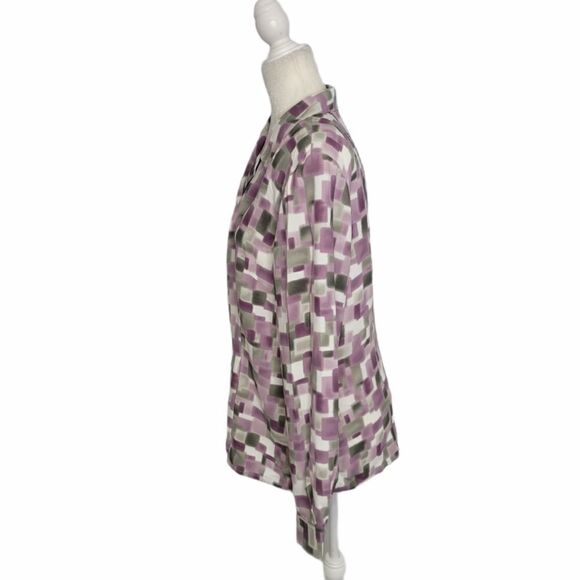 VINTAGE 90s blouse purple geometric print button up padded shoulder‎ top L - Picture 2 of 7